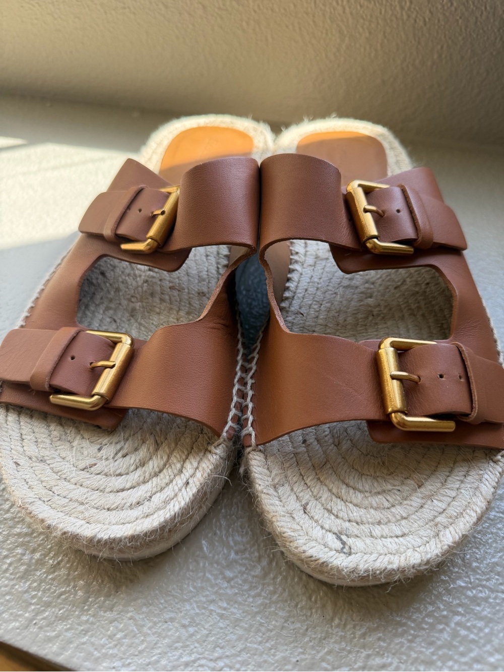 See By Chloe Tan Double-Buckle Espadrille Slide Sandals